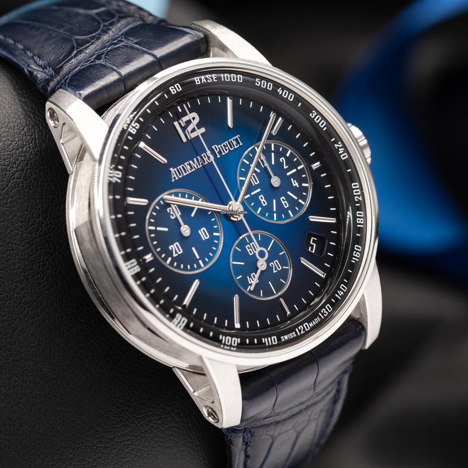 Audemars Piguet Code 11.59 White Gold Smoked Blue Dial Selfwinding Chronograph 41mm- Navy Blue Crocodile Strap, Complete Set