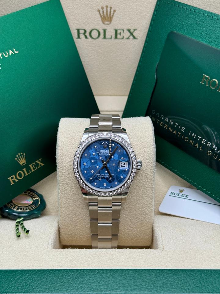 Rolex Datejust 31 NEW 2024 Blue Floral Diamond Dial Diamond Bezel Stainless Steel Oyster