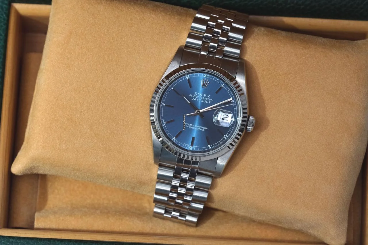 Rolex 1990 Datejust 36 SS 16234 Datejust Blue Stick Dial Jubilee w/ Original Rolex Box