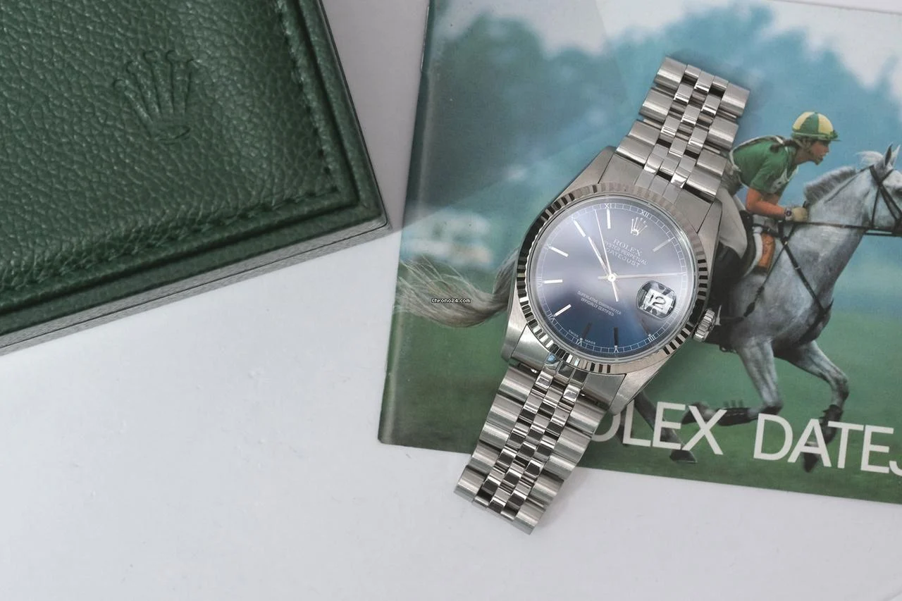 Rolex 1990 Datejust 36 SS 16234 Datejust Blue Stick Dial Jubilee w/ Original Rolex Box
