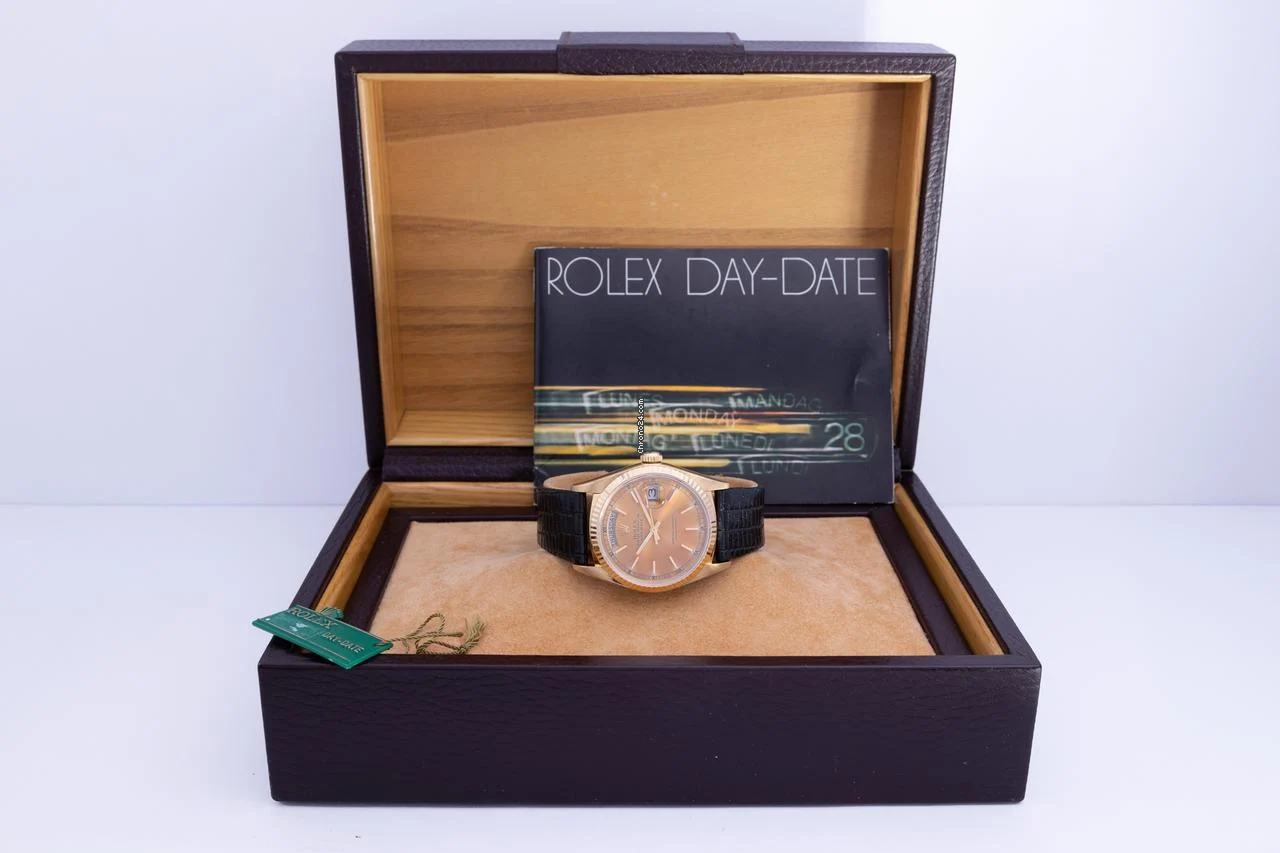 Rolex 1986 18k Yellow Gold 18038 Day-Date 36 Tropical Dial on Leather w/ Original Box