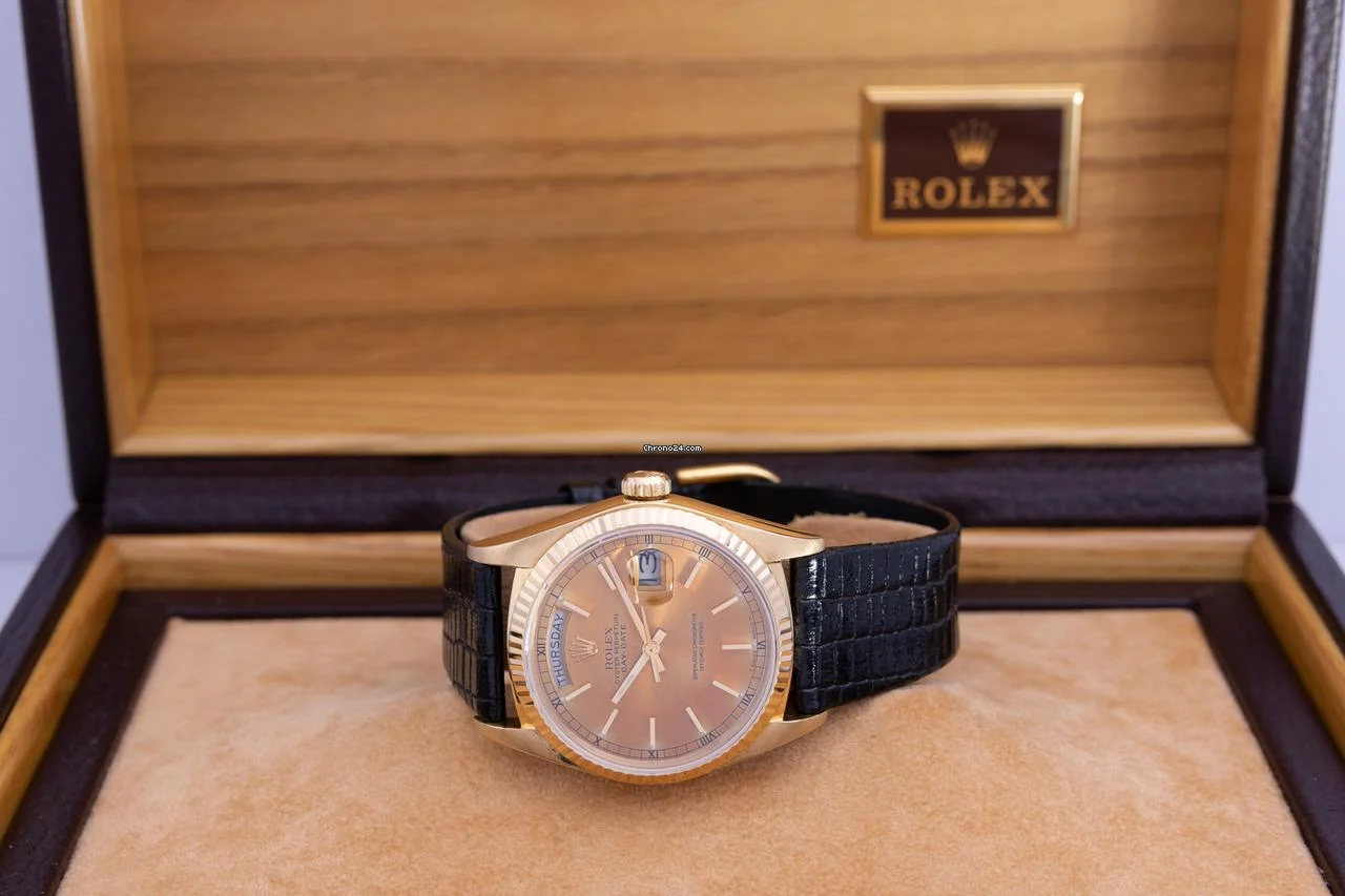 Rolex 1986 18k Yellow Gold 18038 Day-Date 36 Tropical Dial on Leather w/ Original Box