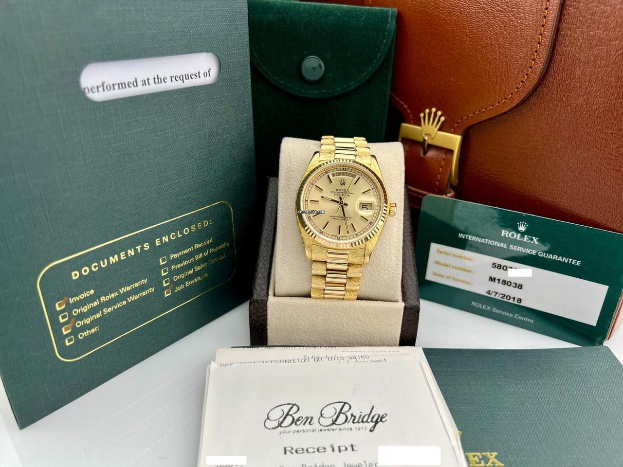 Rolex Day Date President 18038 Florentine 18K Yellow Gold Box Service Card