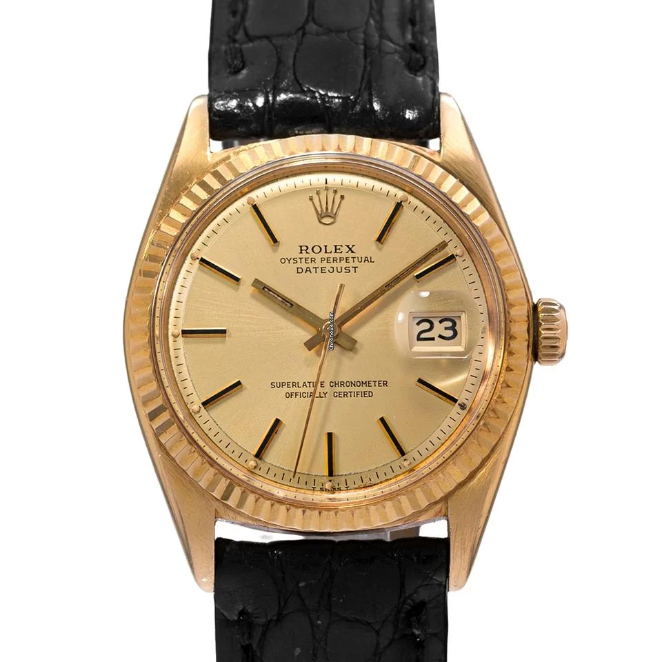 Rolex Datejust 36 1601 Vintage Index Fluted Yellow Gold Leather Mens Watch 1978