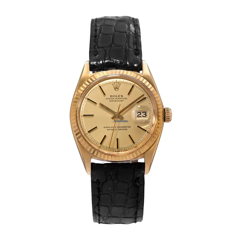 Rolex Datejust 36 1601 Vintage Index Fluted Yellow Gold Leather Mens Watch 1978