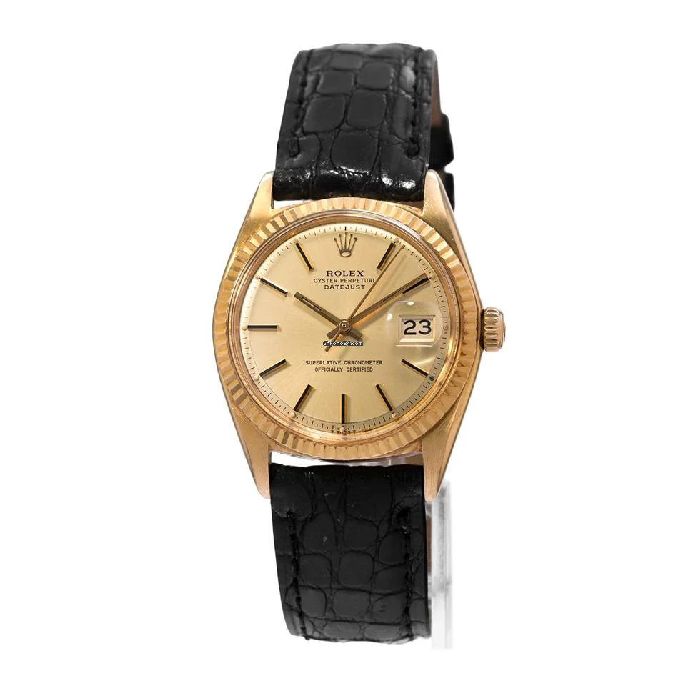 Rolex Datejust 36 1601 Vintage Index Fluted Yellow Gold Leather Mens Watch 1978