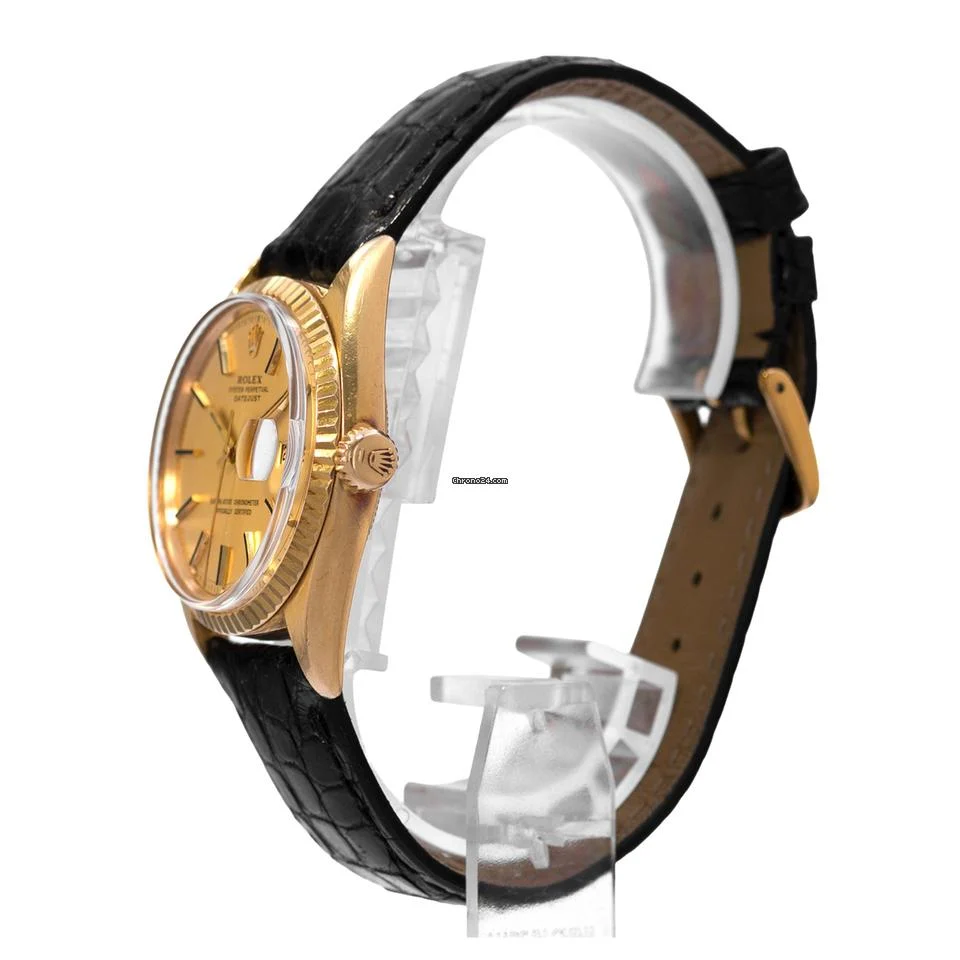 Rolex Datejust 36 1601 Vintage Index Fluted Yellow Gold Leather Mens Watch 1978