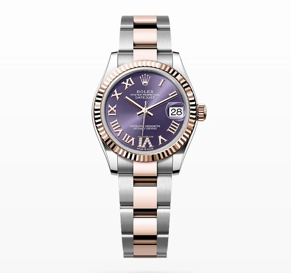 Rolex Datejust 31 NEW 2024 Aubergine Purple Roman Pave 6 Dial Two Tone Rose Gold Fluted Oyster