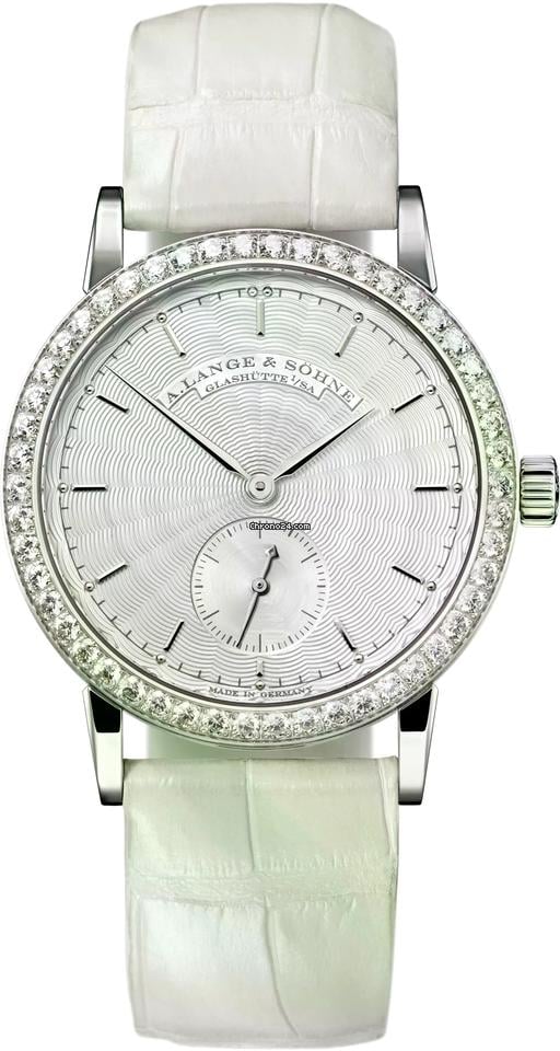 A. Lange & S?hne Little Saxonia in White Gold with Diamond Bezel On White Alligator Strap with Silver Guilloche Dial