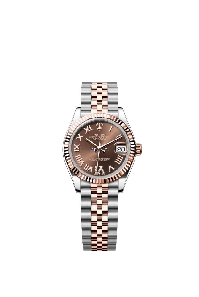 Rolex Datejust 31 Chocolate Roman Diamond 6 Dial Two Tone Rose Gold Fluted Bezel Jubilee
