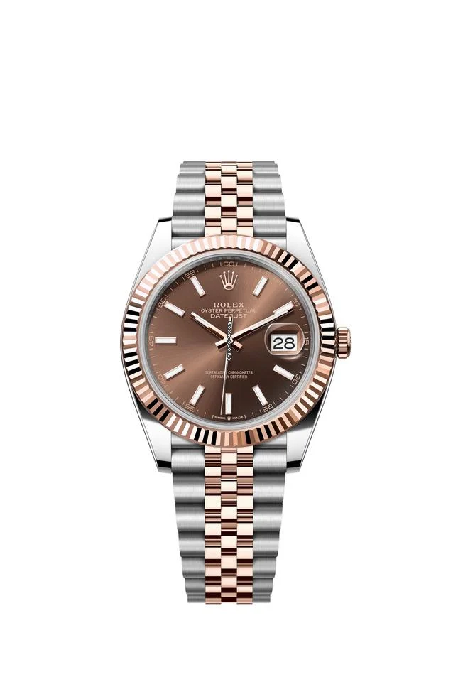 Rolex Datejust 41 Chocolate Index Dial Two Tone Rose Gold Fluted Bezel Jubilee Bracelet