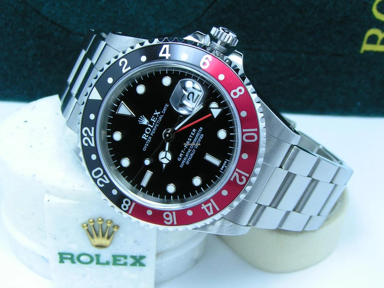 Rolex 1998 GMT-Master NOS with STICKERS Boxes Papers Black Dial Black-Red Coke Bezel 16700
