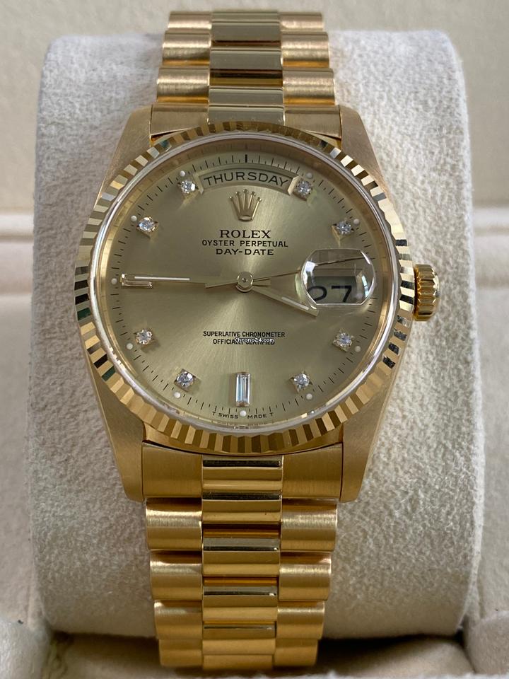 Rolex UNPOLISHED 1989 Day-Date 36 President Yellow Gold Factory Diamond Dial 18238 Excellent Condition