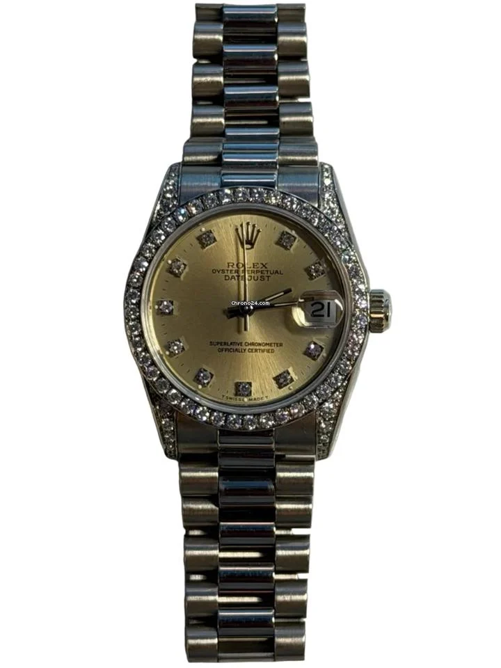 Rolex - Pre-owned White Gold Datejust 31 Silver Diamond Dial Diamond Bezel Presidential Bracelet 68159