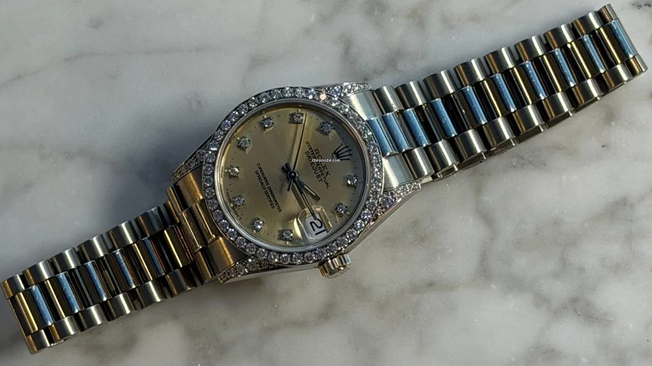 Rolex - Pre-owned White Gold Datejust 31 Silver Diamond Dial Diamond Bezel Presidential Bracelet 68159 3 Rolex - Pre-owned White Gold Datejust 31 Silver Diamond Dial Diamond Bezel Presidential Bracelet 68159