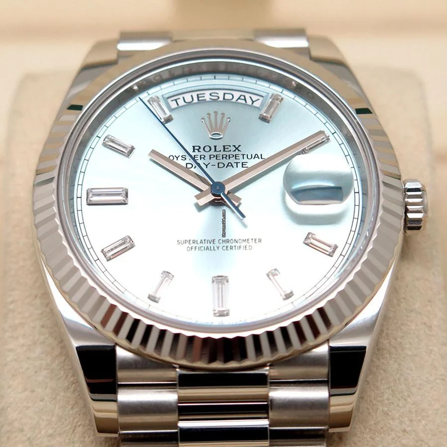 Rolex 228236 Day Date 40 Platinum with Ice Blue Diamond Baguette Dial