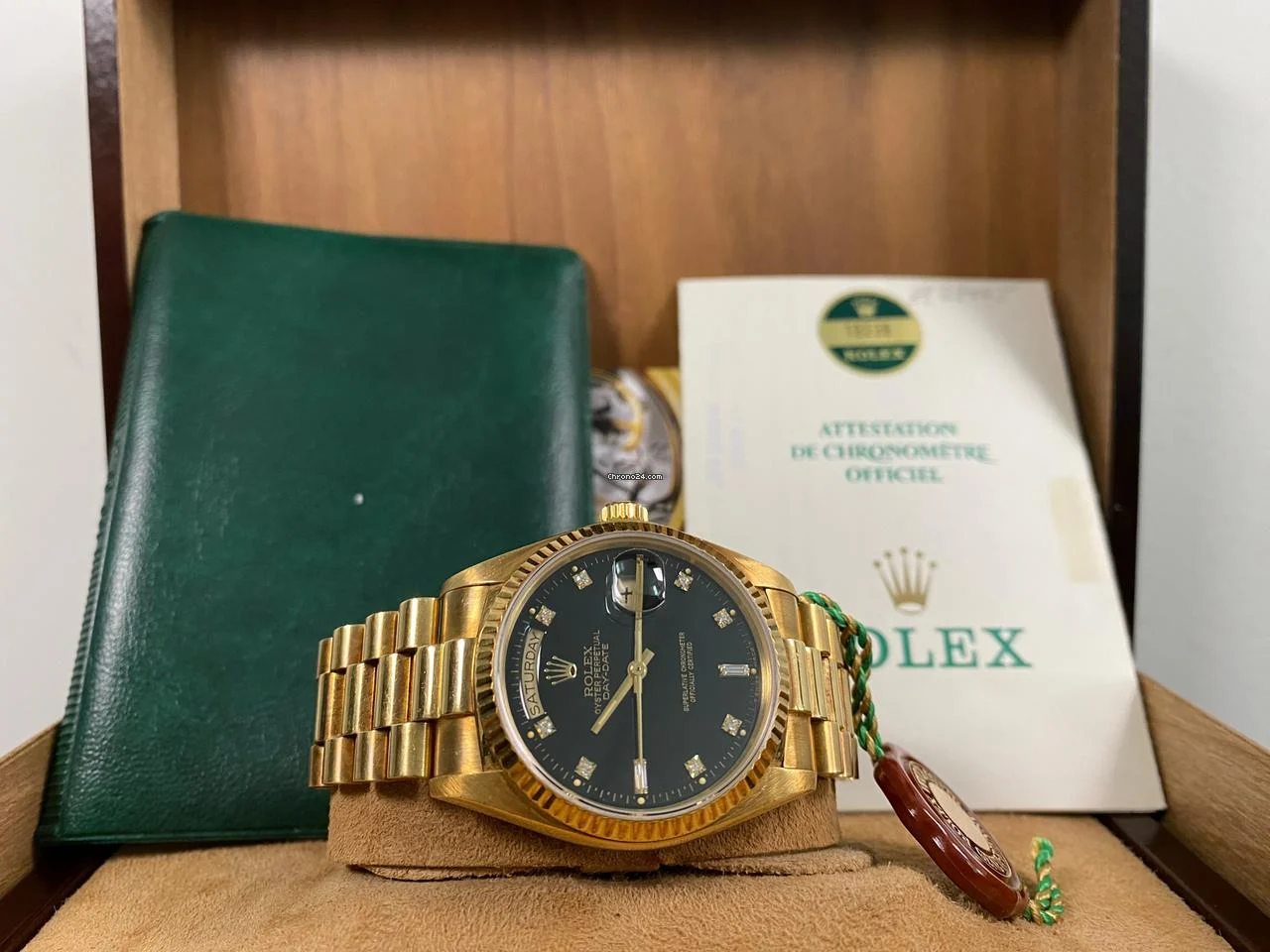 Rolex EXCELLENT Condition 1985 Day-Date 36 President Yellow Gold Black Diamond Dial 18038 FULL SET
