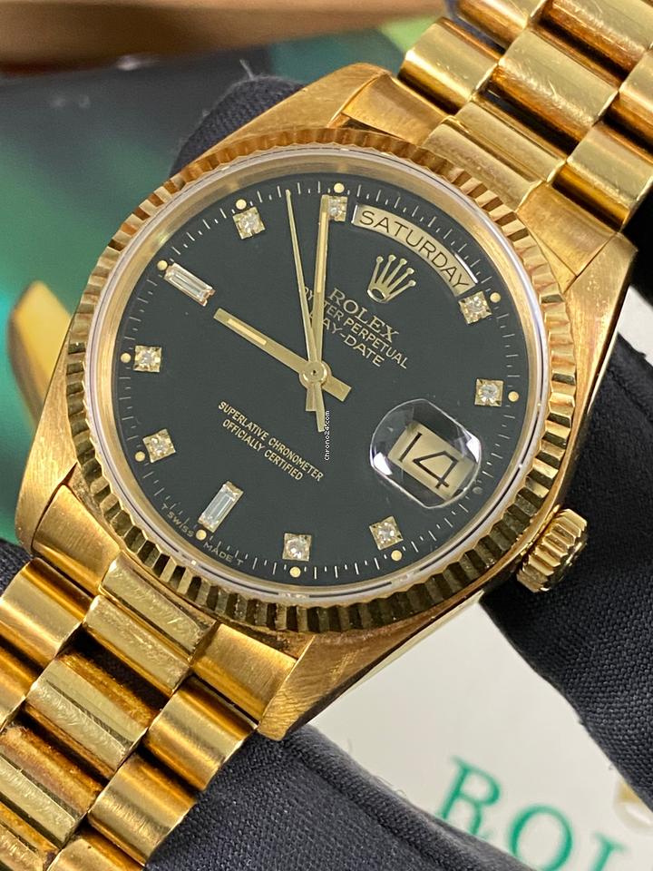 Rolex EXCELLENT Condition 1985 Day-Date 36 President Yellow Gold Black Diamond Dial 18038 FULL SET