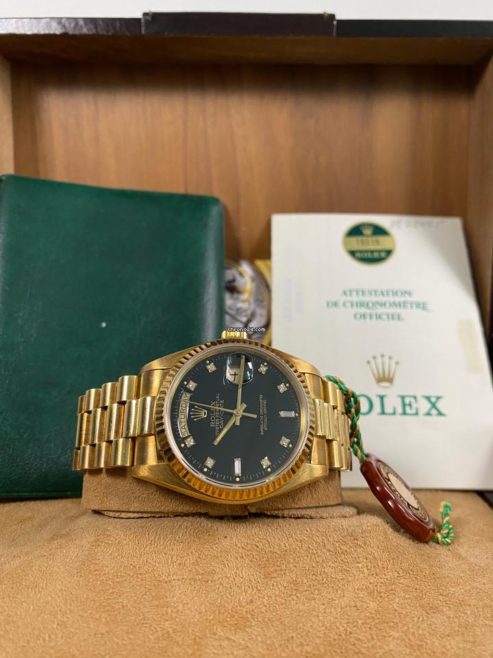 Rolex EXCELLENT Condition 1985 Day-Date 36 President Yellow Gold Black Diamond Dial 18038 FULL SET