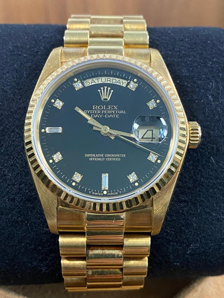 Rolex EXCELLENT Condition 1985 Day-Date 36 President Yellow Gold Black Diamond Dial 18038 FULL SET