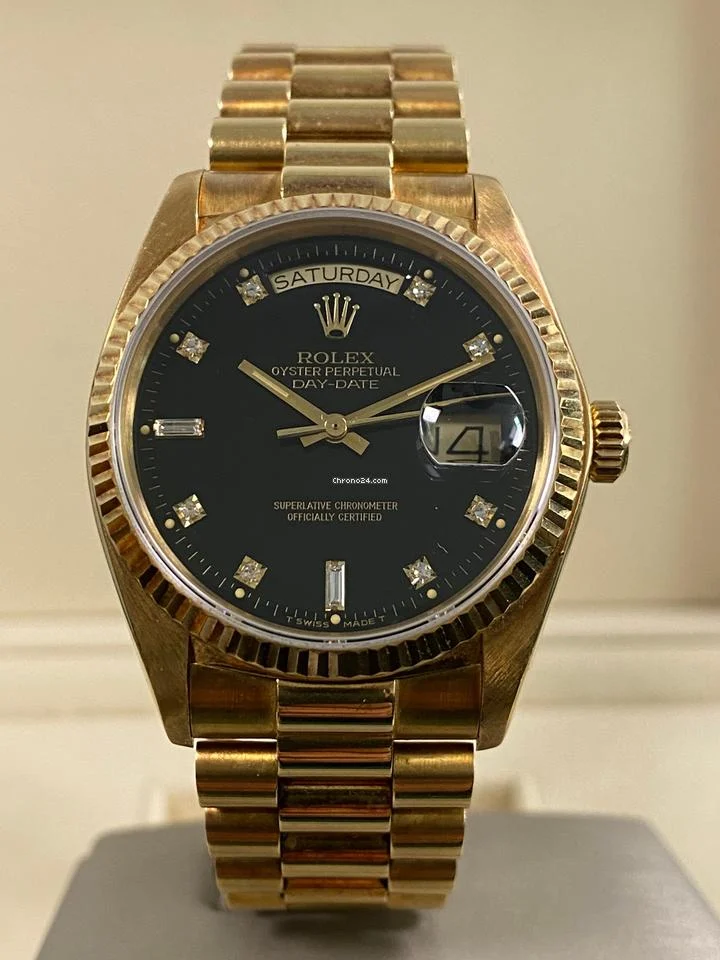 Rolex EXCELLENT Condition 1985 Day-Date 36 President Yellow Gold Black Diamond Dial 18038 FULL SET