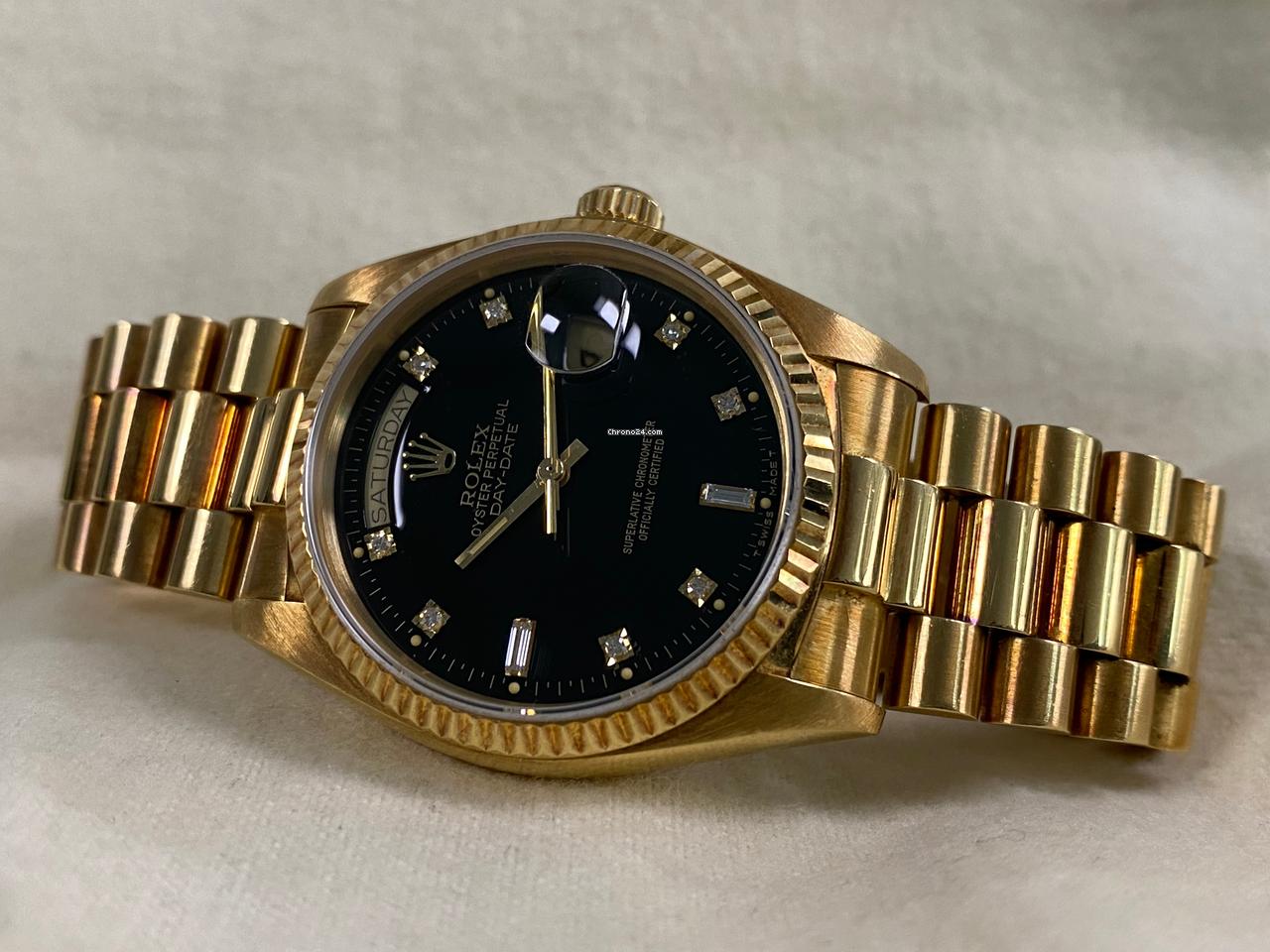 Rolex EXCELLENT Condition 1985 Day-Date 36 President Yellow Gold Black Diamond Dial 18038 FULL SET