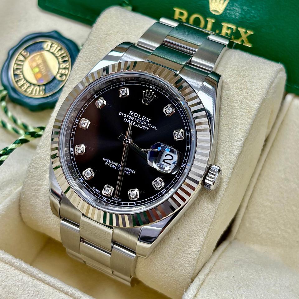 Rolex Datejust 41 126334 Black Diamond Dial Gold Fluted Bezel Oyster Band +Box