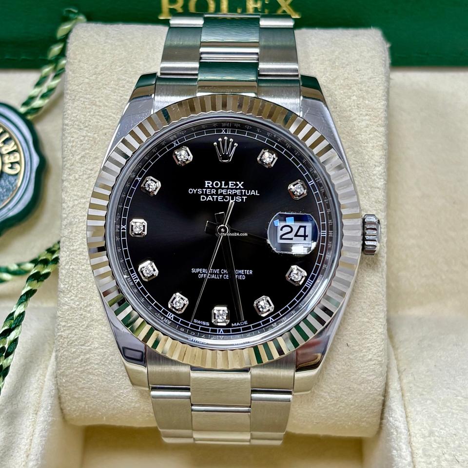 Rolex Datejust 41 126334 Black Diamond Dial Gold Fluted Bezel Oyster Band +Box