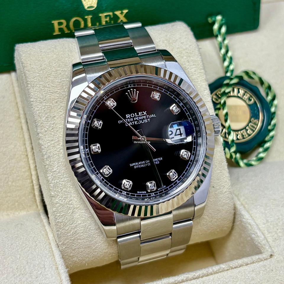 Rolex Datejust 41 126334 Black Diamond Dial Gold Fluted Bezel Oyster Band +Box