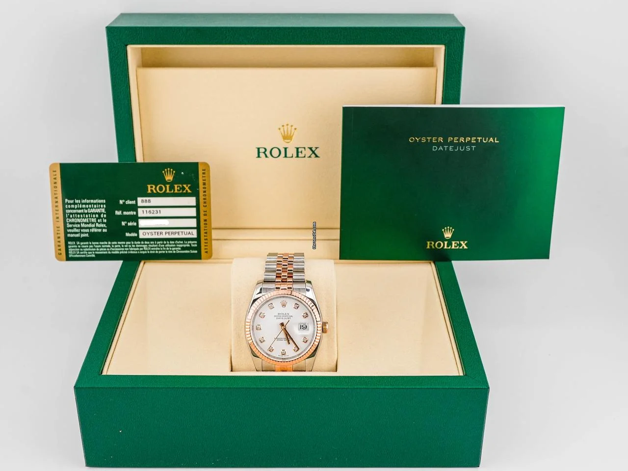 Rolex 116231 Datejust 36mm 18K Rose Gold White Diamond Dial Jubilee Bracelet Box and Papers 2011