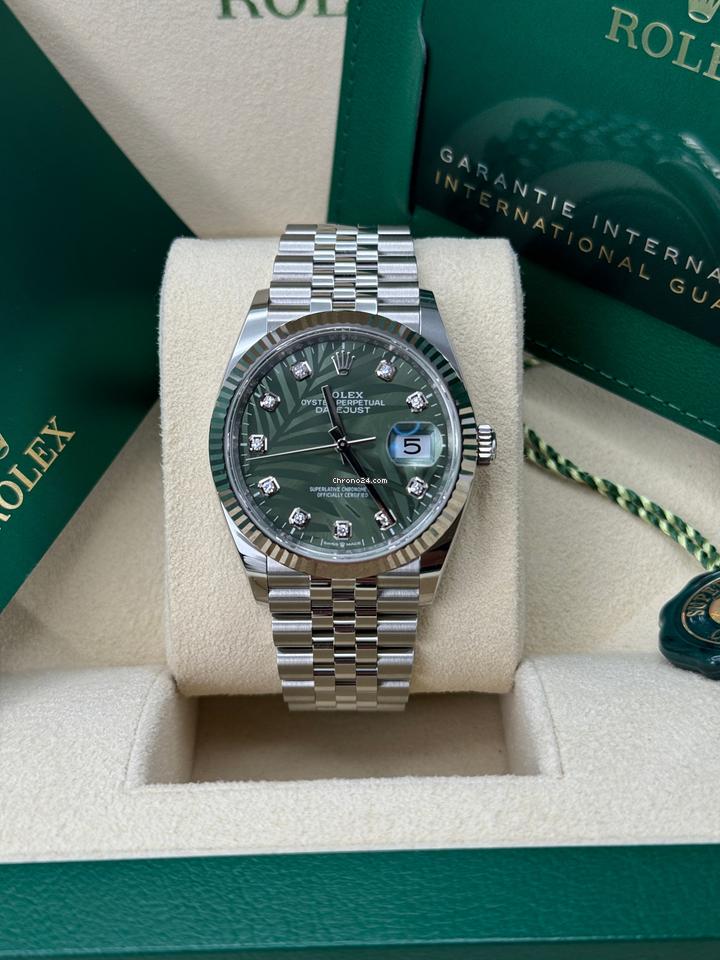 Rolex Datejust 36 NEW 2023 Green Palm Diamond Dial Stainless Steel Jubilee Bracelet Fluted Bezel