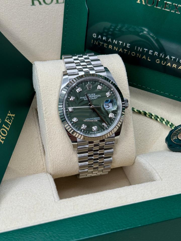 Rolex Datejust 36 NEW 2023 Green Palm Diamond Dial Stainless Steel Jubilee Bracelet Fluted Bezel