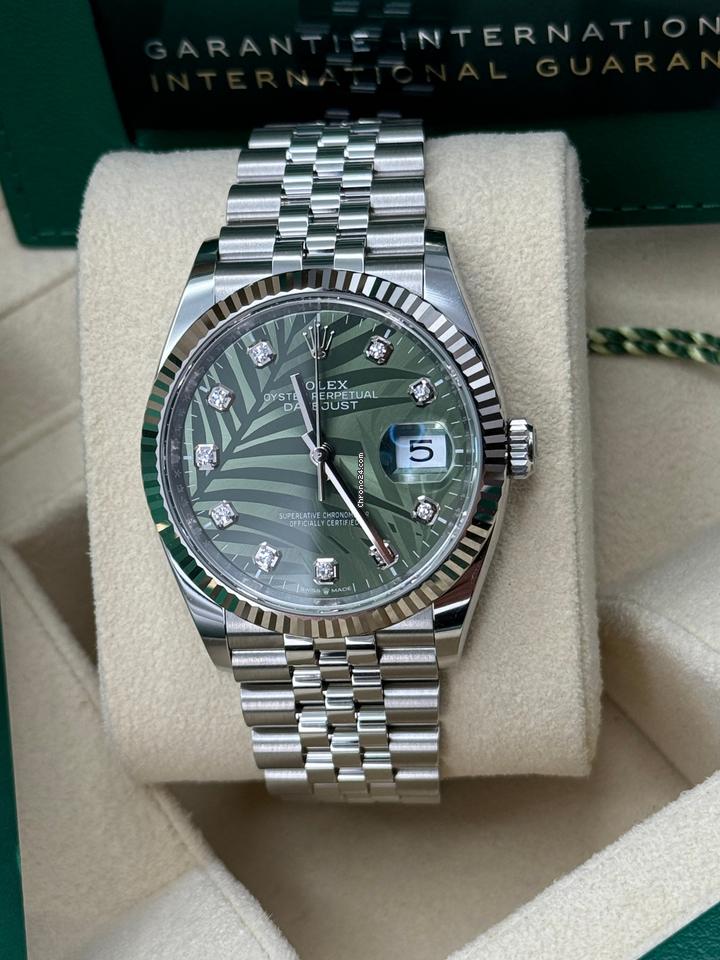 Rolex Datejust 36 NEW 2023 Green Palm Diamond Dial Stainless Steel Jubilee Bracelet Fluted Bezel 5 Rolex Datejust 36 NEW 2023 Green Palm Diamond Dial Stainless Steel Jubilee Bracelet Fluted Bezel