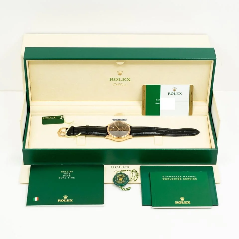 Rolex Cellini Dual Time Rose Gold Brown Dial 50525