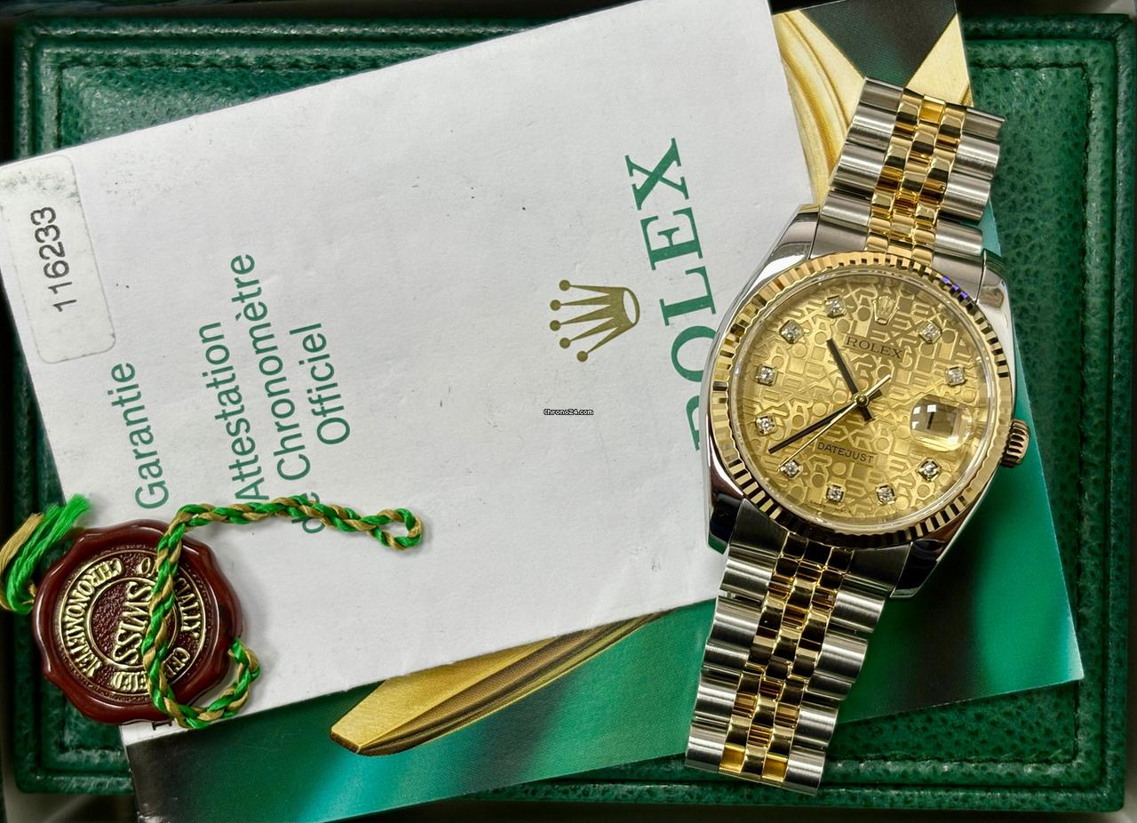 Rolex Datejust 36 116233 36MM Gold Diamond Dial Jubilee Band Box + Papers
