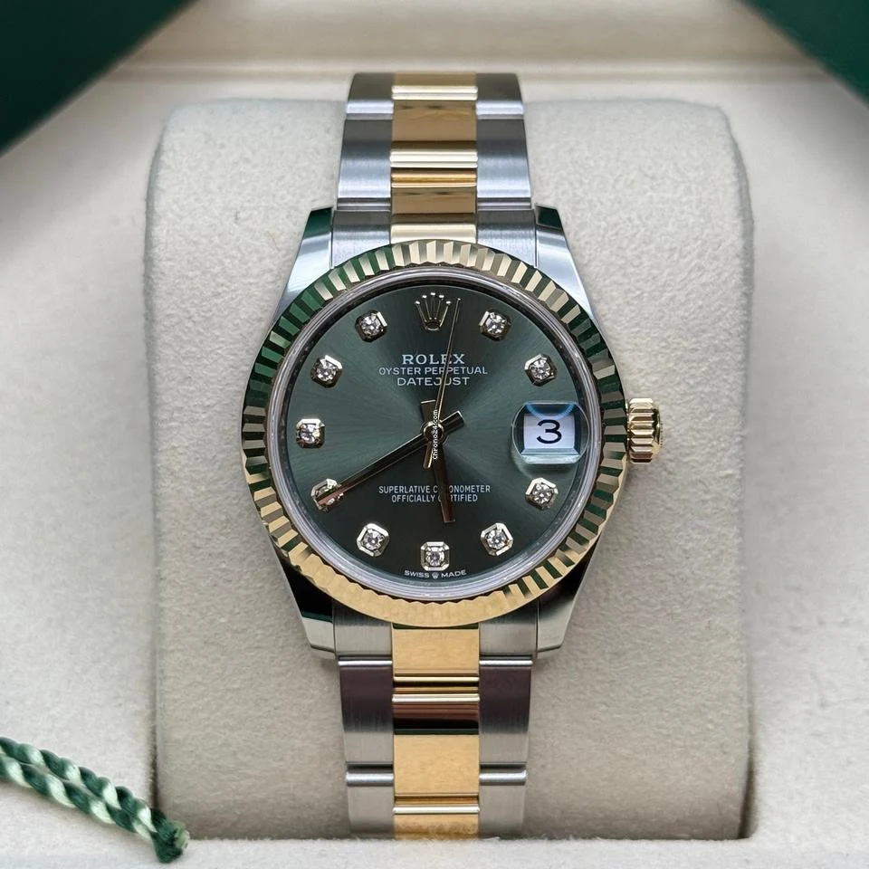 Rolex Datejust 31 Green Diamond Dial Two Tone Yellow Gold Fluted Bezel Oyster Bracelet