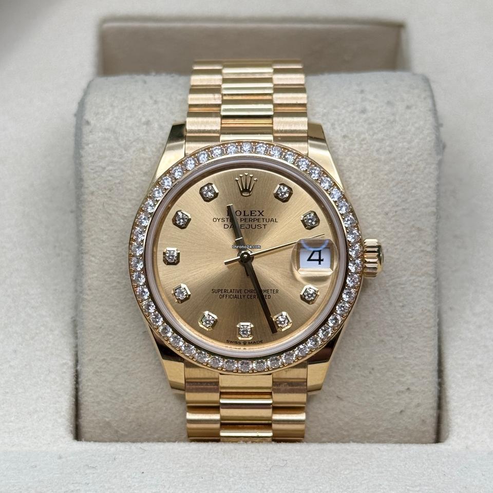 Rolex Datejust 31 Champagne Diamond Dial Yellow Gold Diamond Bezel President Bracelet