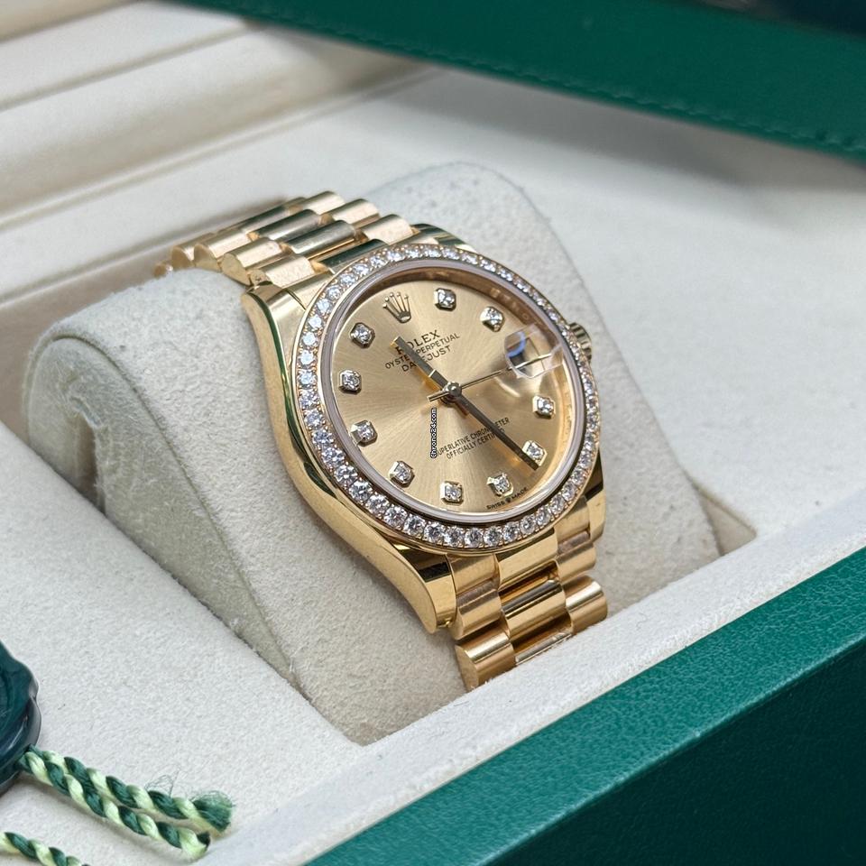 Rolex Datejust 31 Champagne Diamond Dial Yellow Gold Diamond Bezel President Bracelet