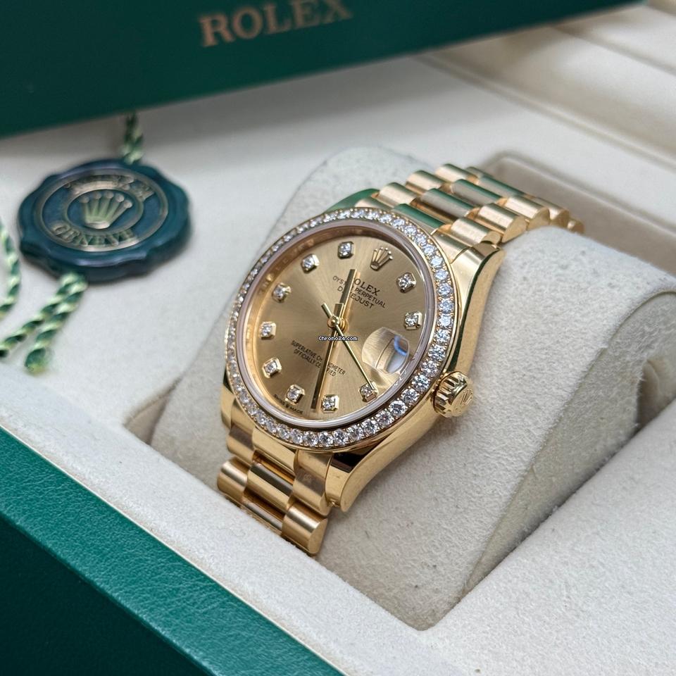 Rolex Datejust 31 Champagne Diamond Dial Yellow Gold Diamond Bezel President Bracelet