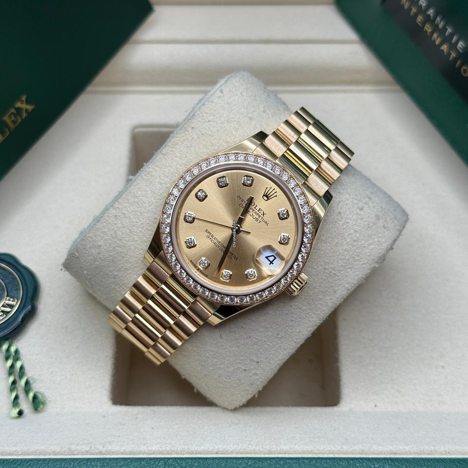 Rolex Datejust 31 Champagne Diamond Dial Yellow Gold Diamond Bezel President Bracelet