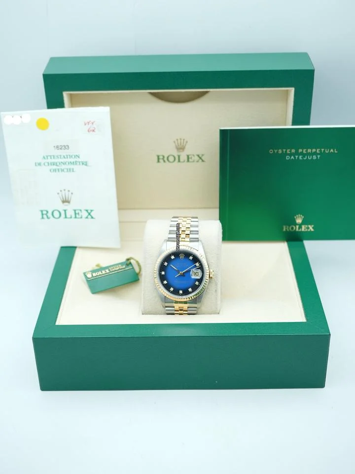Rolex 16233 Datejust 36 mm Blue Vignette Diamond Dial Jubilee Bracelet Complete Set 1999