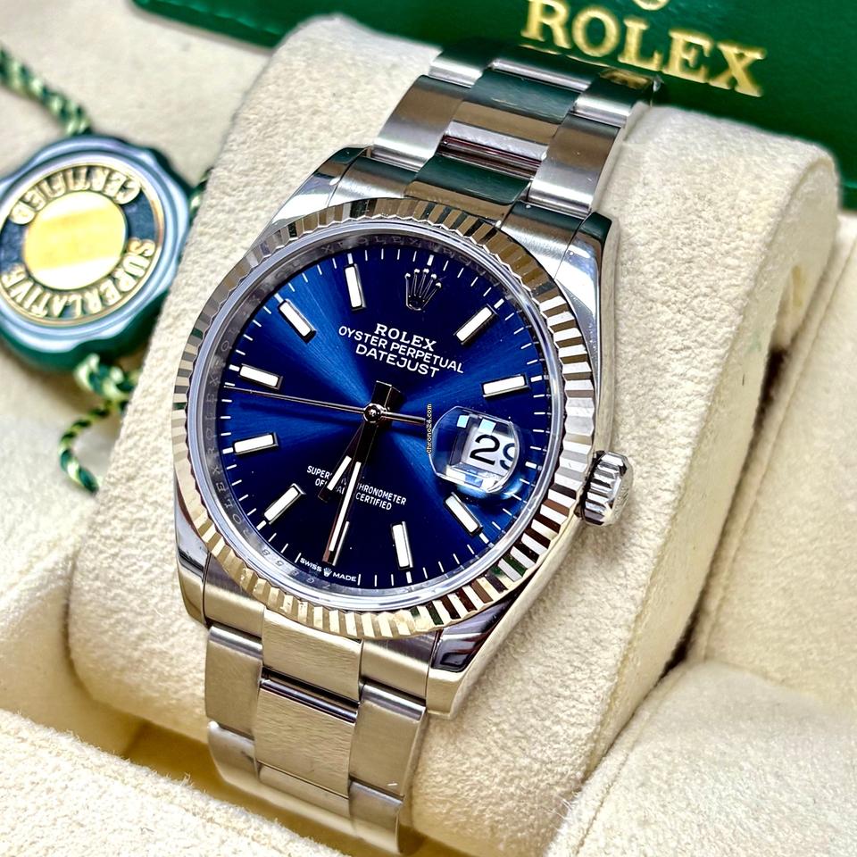 Rolex Datejust 36 126234 Blue Dial Fluted Gold Bezel + Box