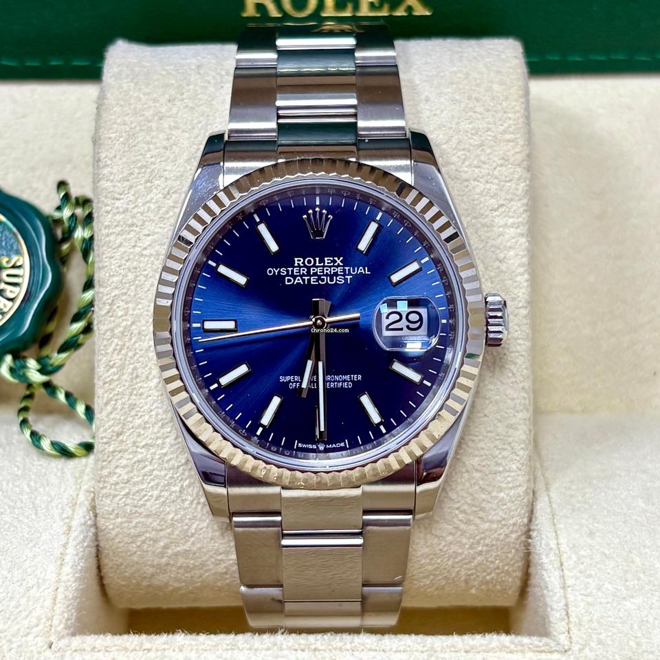 Rolex Datejust 36 126234 Blue Dial Fluted Gold Bezel + Box