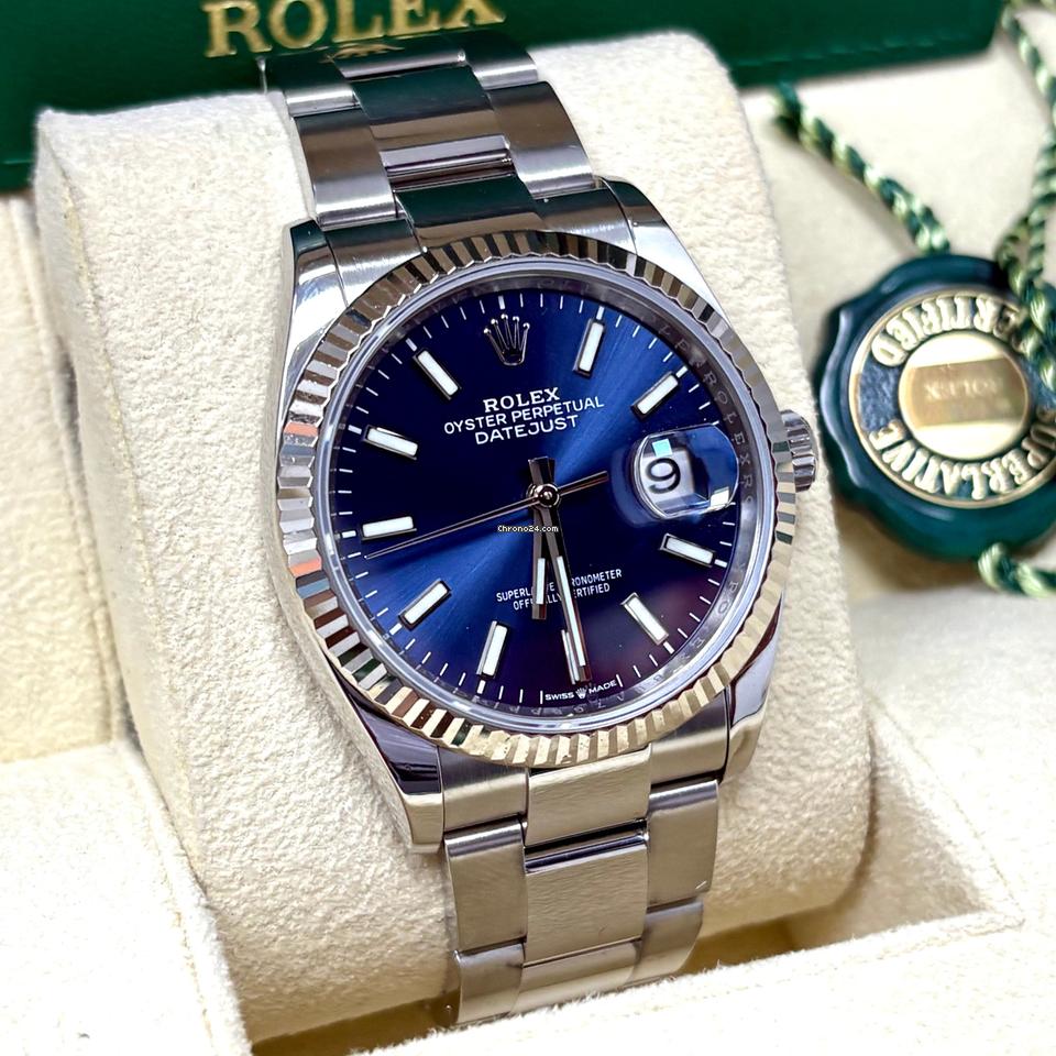 Rolex Datejust 36 126234 Blue Dial Fluted Gold Bezel + Box