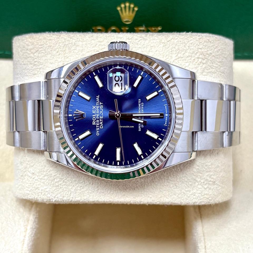 Rolex Datejust 36 126234 Blue Dial Fluted Gold Bezel + Box