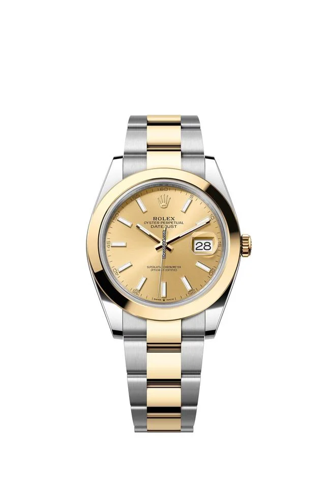 Rolex Datejust 41 Champagne Index Dial Two Tone Yellow Gold Smooth Bezel Oyster Bracelet