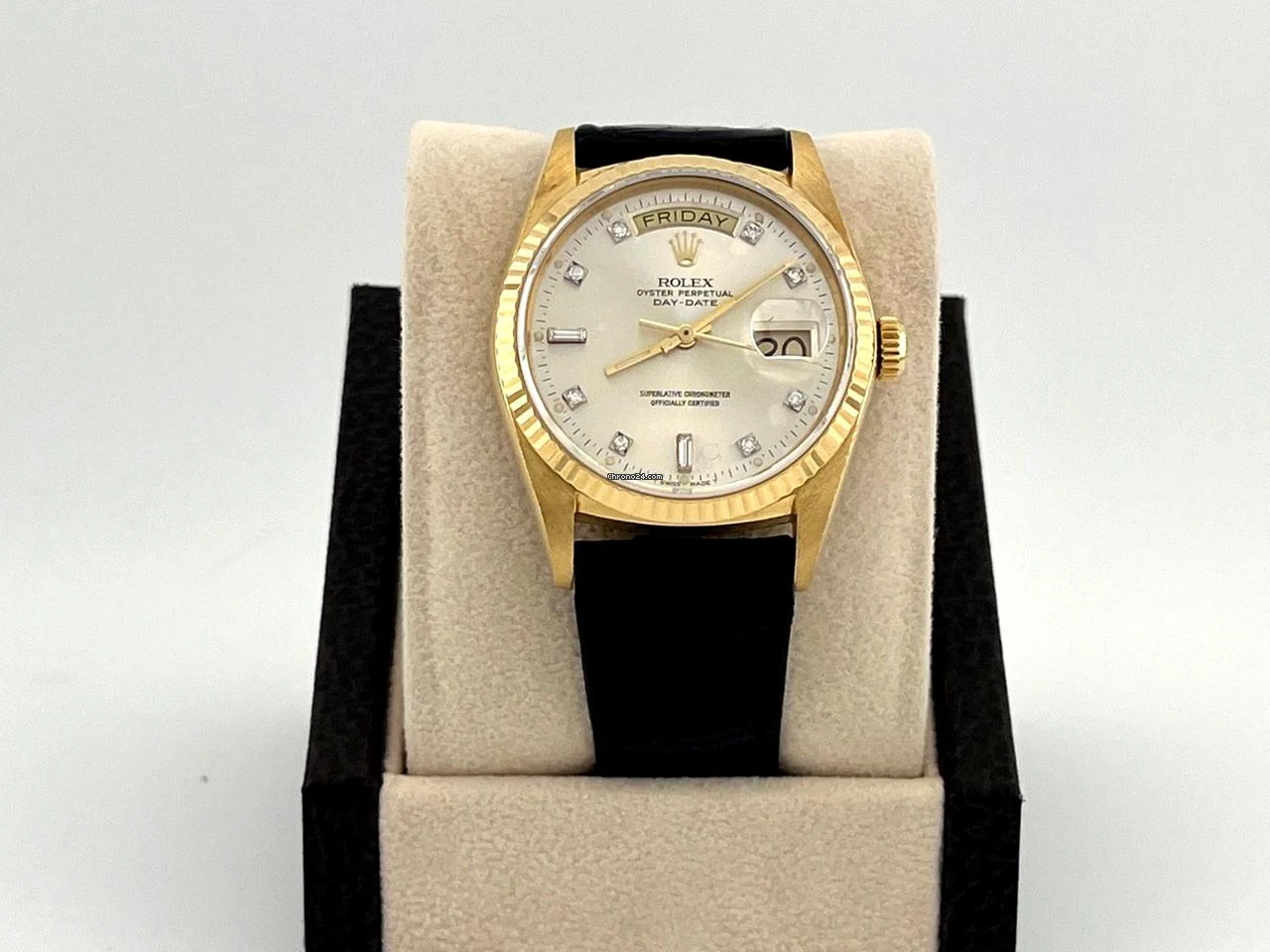 Rolex Day Date 18038 36mm Factory Diamond Dial and Leather Strap 18k Yellow Gold
