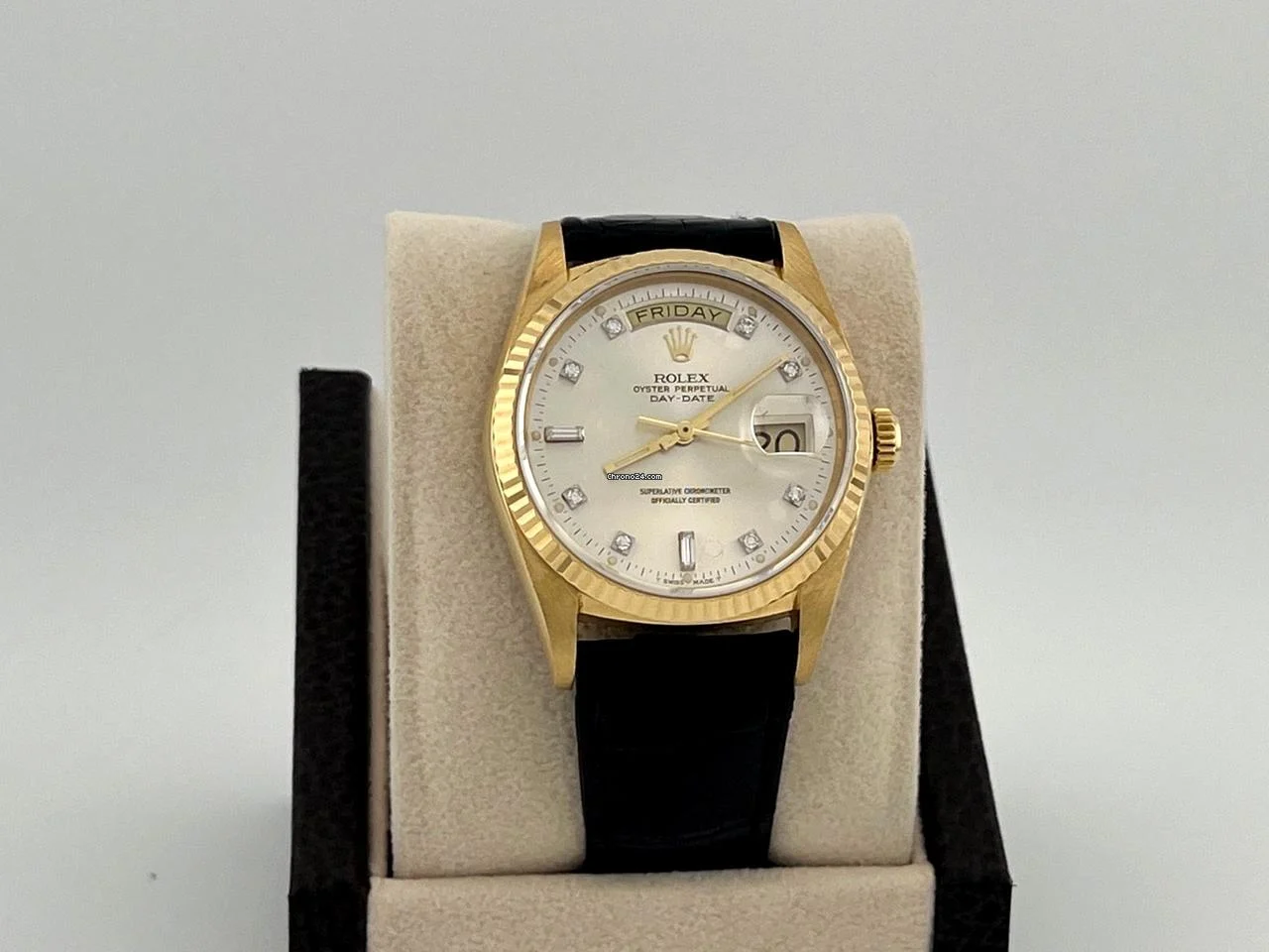 Rolex Day Date 18038 36mm Factory Diamond Dial and Leather Strap 18k Yellow Gold