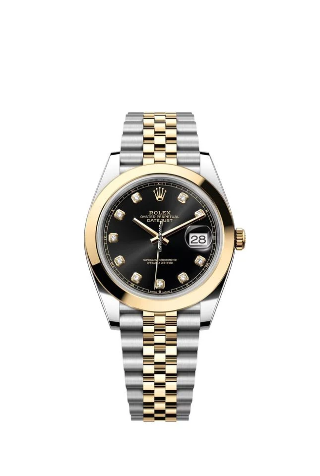 Rolex Datejust 41 Black Diamond Dial Two Tone Yellow Gold Smooth Bezel Jubilee Bracelet